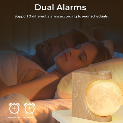 Transform Your Sleep – Sunrise Alarm Clock with 360° Rotating Moon Lamp, Soothing Nature Sounds, Dual Alarms & Snooze for Heavy Sleepers