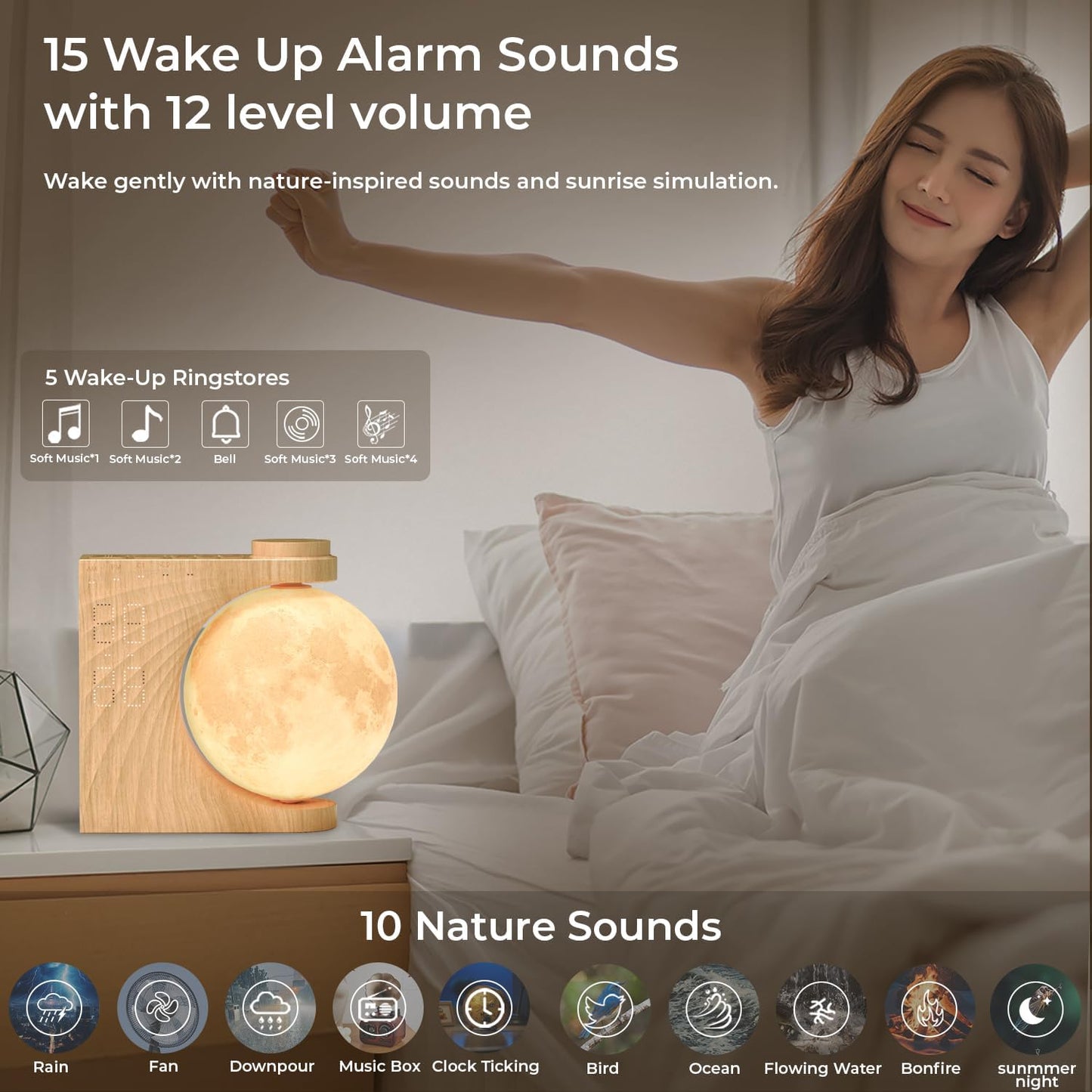 Transform Your Sleep – Sunrise Alarm Clock with 360° Rotating Moon Lamp, Soothing Nature Sounds, Dual Alarms & Snooze for Heavy Sleepers
