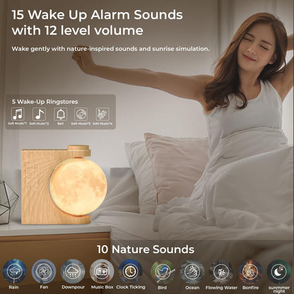 Transform Your Sleep – Sunrise Alarm Clock with 360° Rotating Moon Lamp, Soothing Nature Sounds, Dual Alarms & Snooze for Heavy Sleepers